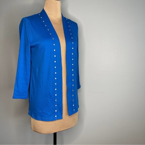 Blue Cotton Silver Studded Open Cardigan Size Trim Packable Travel Natural Small - Picture 1 of 6